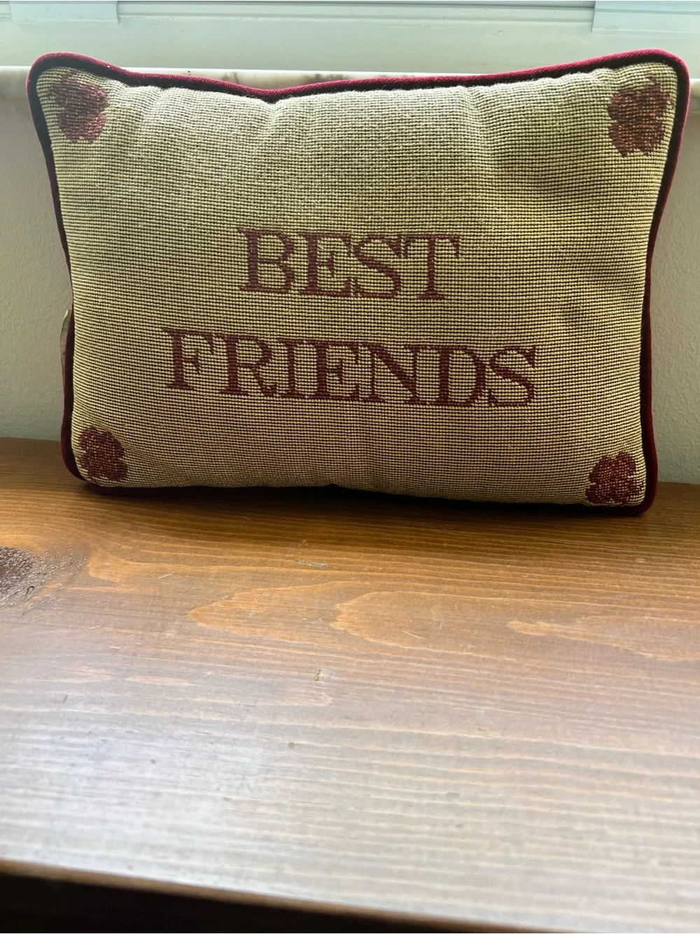 BEST FRIENDS Beige and Burgundy Needlepoint Decorative Pillow